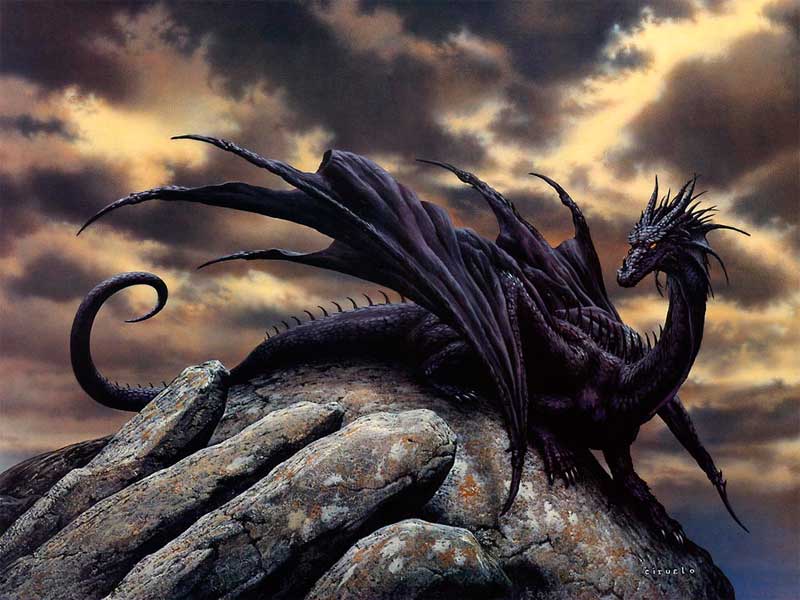 Чорний дракон відпочиває на камені під вечірнім передгрозовим небом